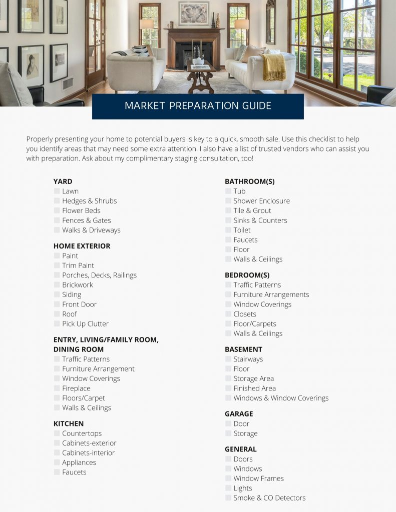 Presenting your home well to potential buyers is key to a quick, smooth sale. Use this checklist to help you identify areas of your home that may need some extra attention. I also have a list of t